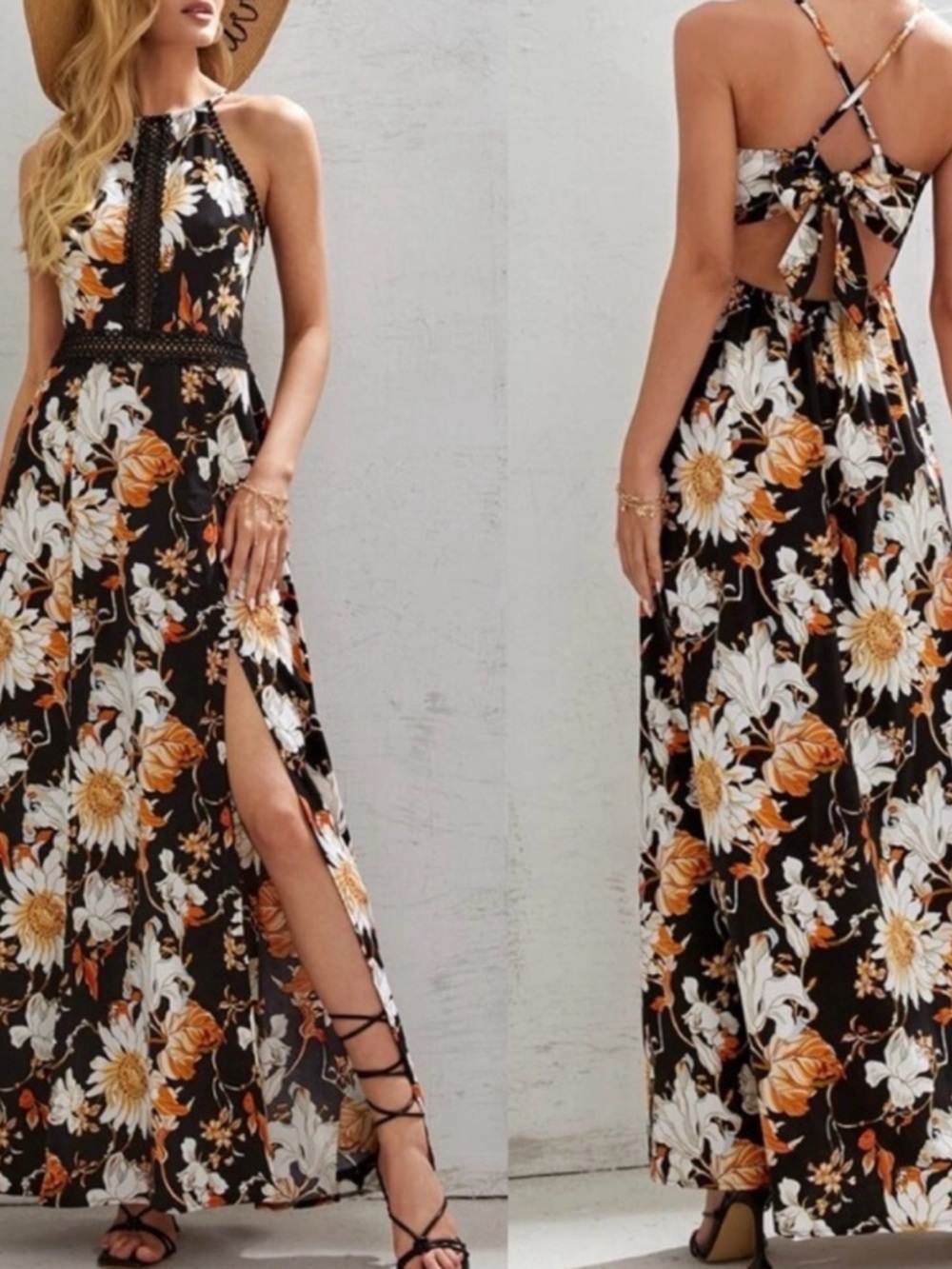 Floral Halter Maxi Dress with Side Slit - Black/White/Orange